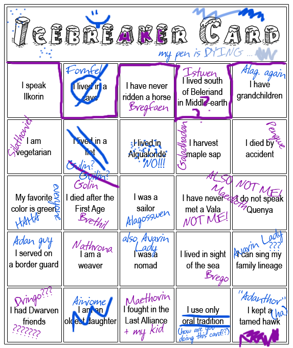 Icebreaker Bingo Card, liberally scribbled on by Fingon